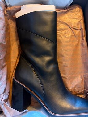 Franco Sarto Black Leather Mid-Calf Block Heel Boot